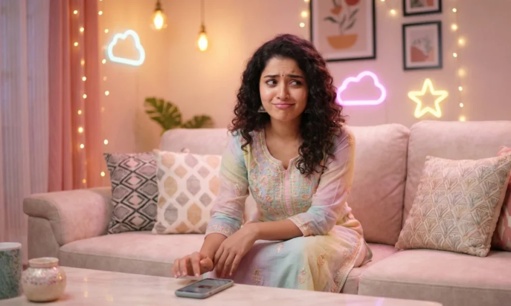 సోఫాపై కూర్చొని, ఫోన్ పక్కనే ఉండగా, అసౌకర్యంగా పక్కకు చూసే భావంతో ఉన్న యువతి.
