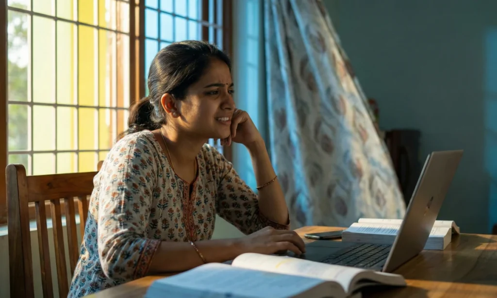 కిటికీ పక్కన టేబుల్ వద్ద కూర్చుని ల్యాప్‌టాప్ చూస్తూ, పుస్తకాలు తెరిచి పెట్టుకుని అయోమయంలో ఉన్న మహిళ; తెలిసిన విషయాలే అయినా చర్యకు మనసు రాక ఆగిపోయిన క్షణం.