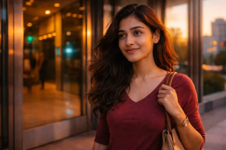 సాయంకాల వెలుతురులో భుజానికి బ్యాగ్ వేసుకుని, నిశ్శబ్దమైన ఆత్మవిశ్వాసంతో ముందుకు అడుగులు వేస్తున్న యువతి.