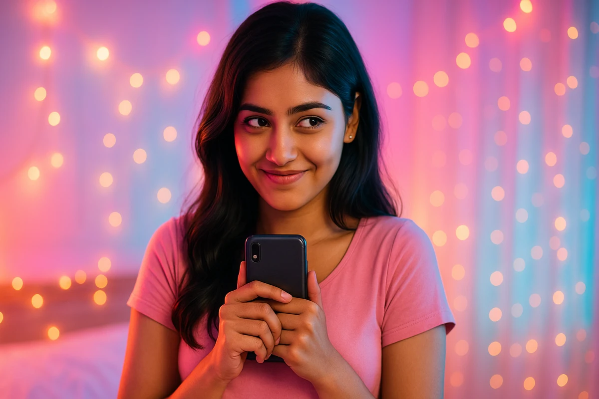 ఫోన్‌ను దగ్గరగా పట్టుకుని, మెత్తని చిలిపి నవ్వుతో ఆలోచనల్లో మునిగిన యువతి.