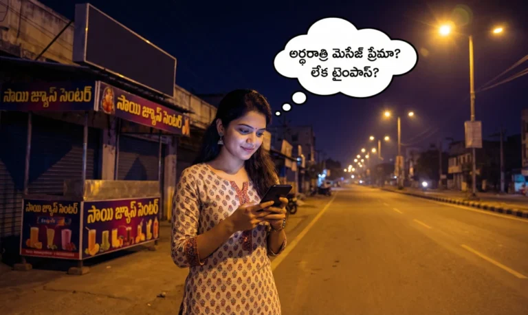 నిశ్శబ్దమైన రాత్రి రోడ్డుపై నిలబడి, ఫోన్ స్క్రీన్ వైపు చూస్తూ సందేహంలో పడిన యువతి, తలలో ప్రశ్నలు తిరుగుతున్నట్లుగా.