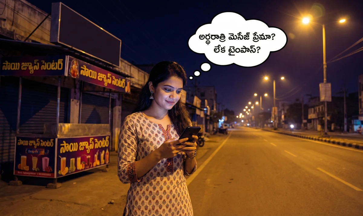 నిశ్శబ్దమైన రాత్రి రోడ్డుపై నిలబడి, ఫోన్ స్క్రీన్ వైపు చూస్తూ సందేహంలో పడిన యువతి, తలలో ప్రశ్నలు తిరుగుతున్నట్లుగా.