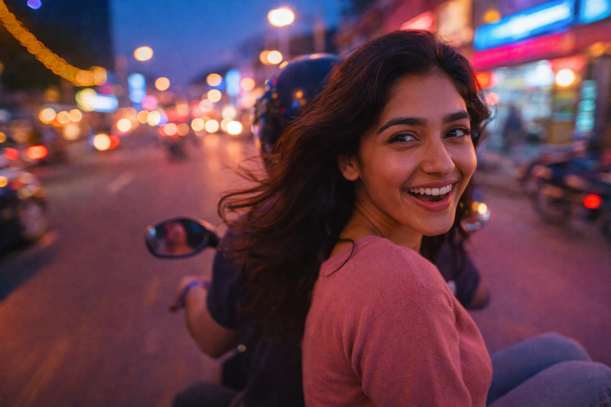 రాత్రి నగర వీధుల్లో బైక్ వెనుక కూర్చుని, గాలి తాకిడితో ఉల్లాసంగా నవ్వుతున్న యువతి.