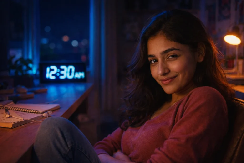అర్ధరాత్రి 12:30 అని గడియారం చూపుతుండగా, టేబుల్ దగ్గర కూర్చుని కళ్లలో అర్థం కాని చిరునవ్వుతో ఎదురుచూస్తున్న యువతి.