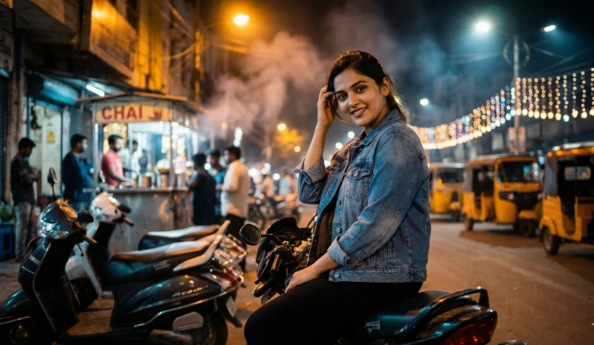రాత్రి బిజీ వీధిలో బైక్‌పై కూర్చొని, చాయి స్టాల్ వెలుగుల మధ్య మృదువుగా నవ్వుతున్న యువతి.