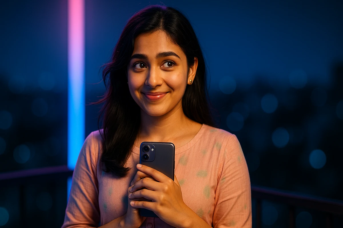 నిశ్శబ్దమైన రాత్రిలో ఫోన్‌ను గుండెకు దగ్గరగా పట్టుకుని, చిరునవ్వులో ఆశ కలగలిసిన యువతి.