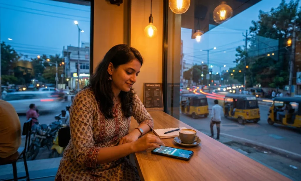కాఫీ షాప్‌లో కిటికీ పక్కన కూర్చుని ఫోన్ స్క్రీన్‌ను చూస్తున్న యువతి, బయట రోడ్డుపై ట్రాఫిక్ లైట్లు కనిపిస్తున్నాయి