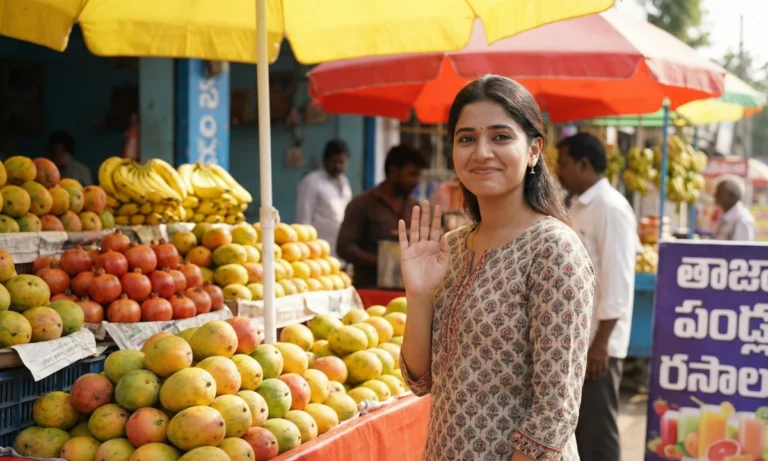 పండ్ల మార్కెట్‌లో రంగురంగుల స్టాల్స్ మధ్య నిలబడి, చిరునవ్వుతో చేతి ఊపుతూ ఎదుటివారిని పలకరిస్తున్న యువతి; బయటకు ఆత్మవిశ్వాసంగా కనిపించే క్షణం.