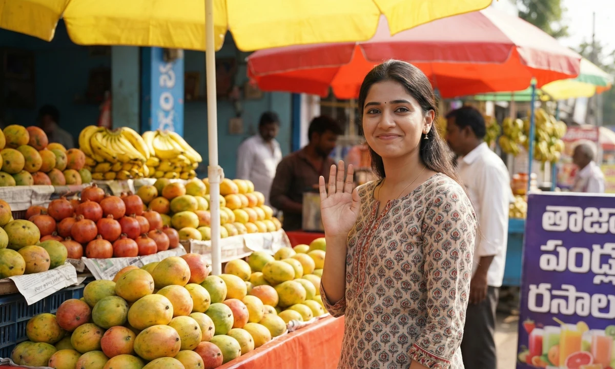 పండ్ల మార్కెట్‌లో రంగురంగుల స్టాల్స్ మధ్య నిలబడి, చిరునవ్వుతో చేతి ఊపుతూ ఎదుటివారిని పలకరిస్తున్న యువతి; బయటకు ఆత్మవిశ్వాసంగా కనిపించే క్షణం.