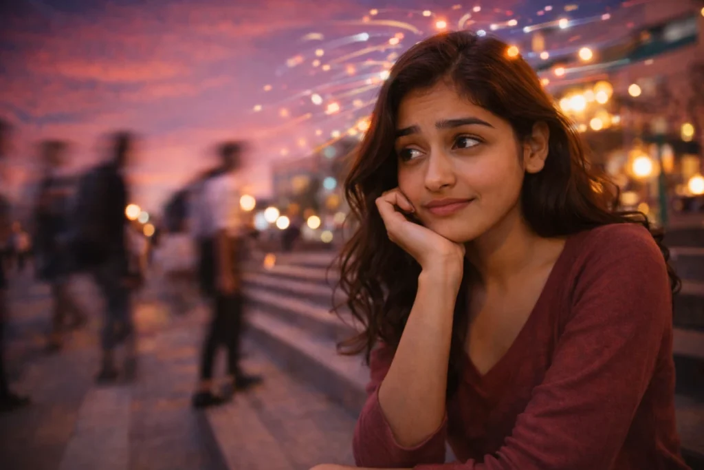 సాయంకాల రంగుల మధ్య వీధి మెట్లపై కూర్చుని, చెంపపై చెయ్యి పెట్టుకుని లోపలే తిరిగే ఆలోచనల్లో మునిగిన యువతి.