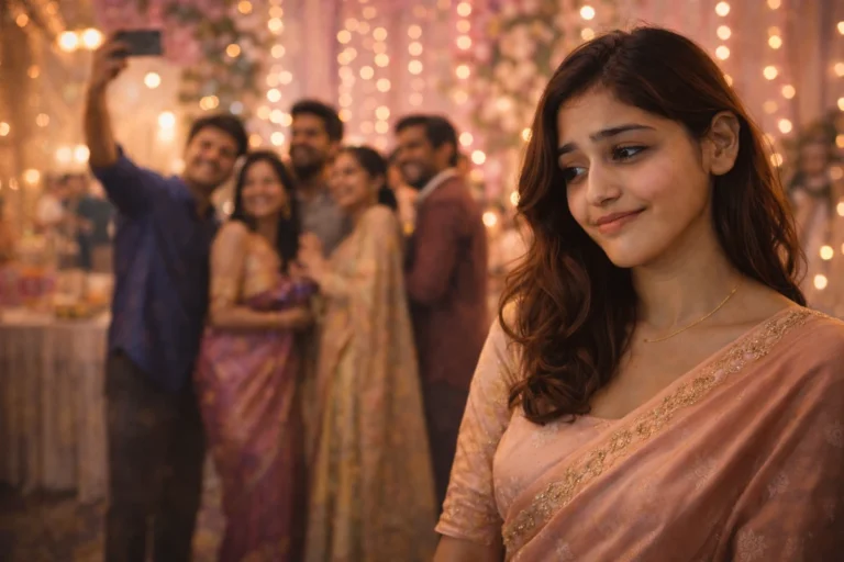 వేడుకలో అందరూ కలిసి సెల్ఫీ తీసుకుంటుండగా, పక్కనే నిలబడి మౌనంగా నవ్వుతున్న యువతి.