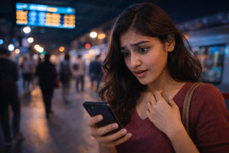 రద్దీ స్టేషన్‌లో ఫోన్ స్క్రీన్‌ను చూసి, గుండెల్లో ఒక్కసారిగా భారం పడ్డట్టు ఆందోళనతో నిలిచిన యువతి.