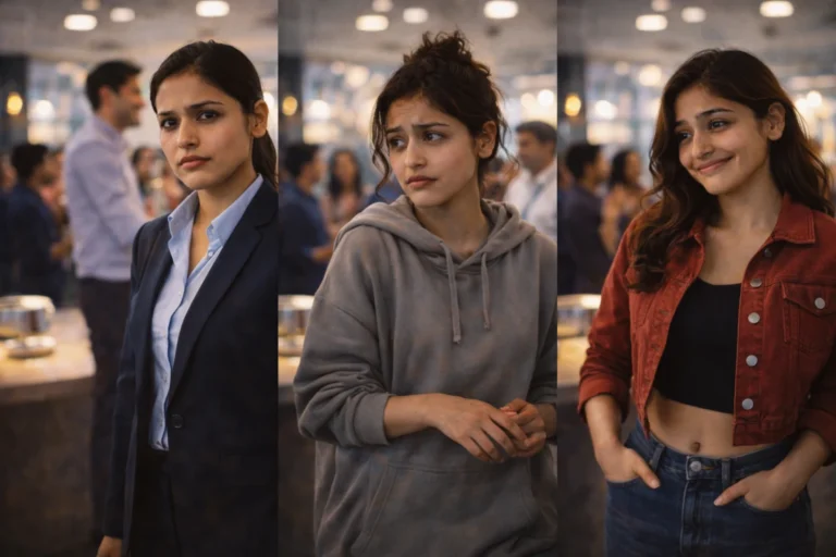 ఆఫీస్‌లో ఒకే మహిళ మూడు వేర్వేరు రూపాల్లో కనిపించడం — ఒక చోట గంభీరంగా, ఇంకొక చోట అయోమయంగా, మరో చోట చిరునవ్వుతో నిలబడిన దృశ్యం.