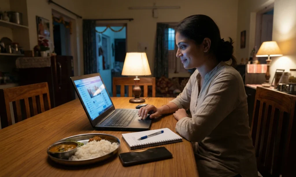 ఇంట్లో రాత్రివేళ భోజనం పక్కన పెట్టుకుని, ల్యాప్‌టాప్ ముందు కూర్చొని పని చేస్తున్న మహిళ.