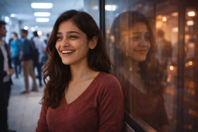 ఆఫీస్ కారిడార్‌లో గాజు గోడ పక్కన నిలబడి నవ్వుతున్న మహిళ; బయటికి ధైర్యంగా కనిపిస్తున్నా లోపల భావాలను దాచుకున్న క్షణం.