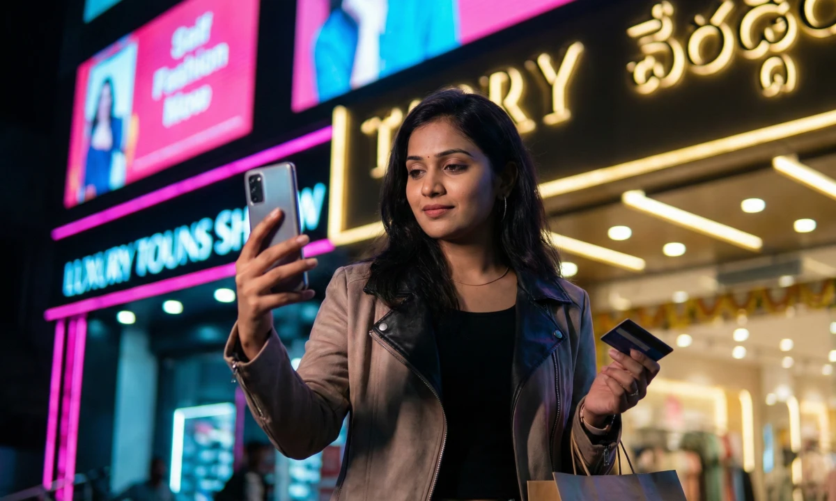 షాపింగ్ మాల్ వెలుపల నిలబడి, చేతిలో షాపింగ్ బ్యాగ్ మరియు కార్డు పట్టుకుని, ఫోన్ స్క్రీన్‌ని చూస్తున్న యువతి.