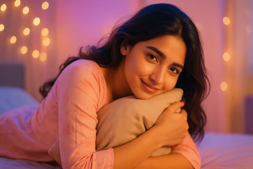 దిండు గట్టిగా హత్తుకుని, కాంతుల్లో మెరిసే గదిలో నిశ్శబ్దంగా సంతోషాన్ని ఆస్వాదిస్తున్న యువతి.