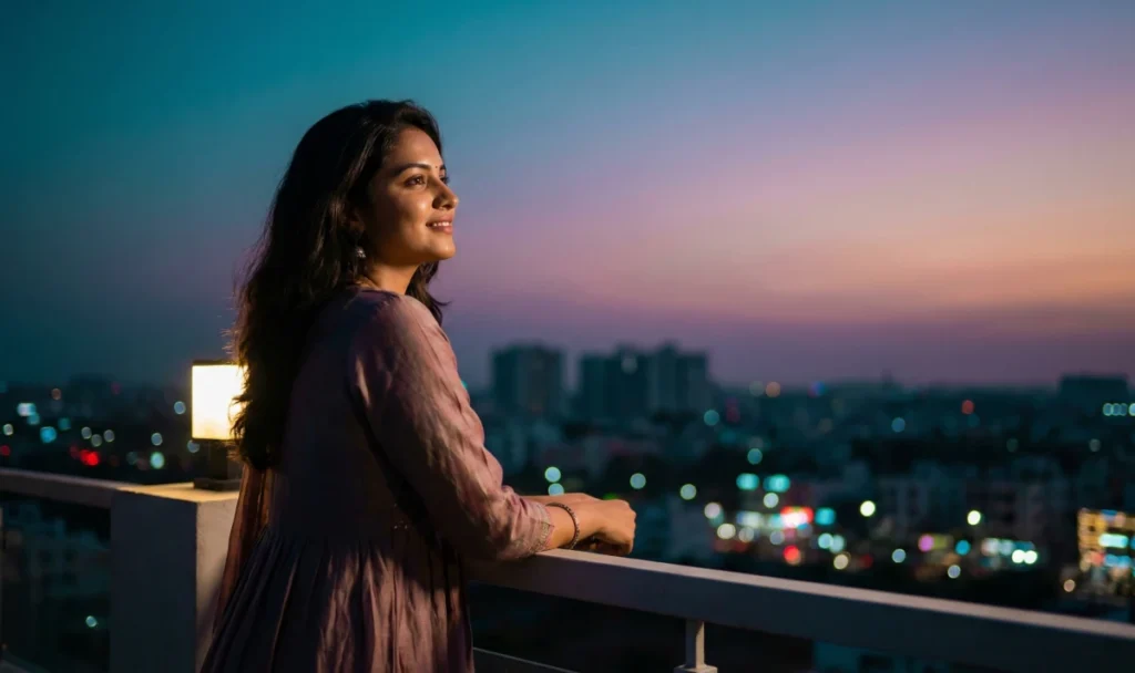 సూర్యాస్తమయ కాంతుల్లో టెర్రస్ రైలింగ్‌కి ఆనుకుని, ప్రశాంతంగా ఆకాశం వైపు చూసే యువతి.