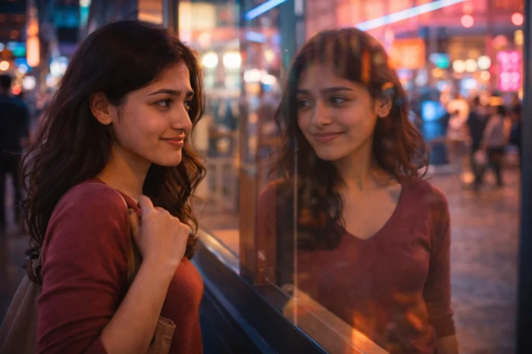 నీయాన్ వెలుగుల మధ్య గాజు అద్దంలో తన ప్రతిబింబాన్ని తిలకిస్తూ, లోపలే ఏదో తడబాటు దాచుకున్న యువతి.