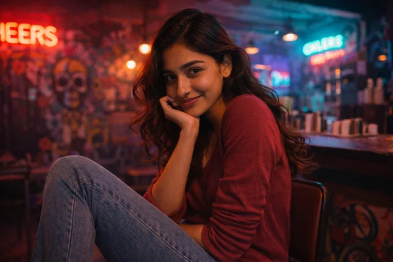 మసక వెలుగుల మధ్య కుర్చీలో కూర్చుని, కళ్లలో ధైర్యపు మెరుపుతో చిలిపిగా చూసే యువతి.