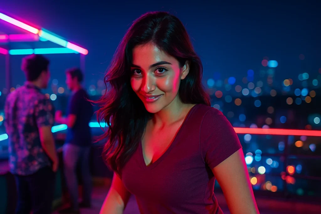 రాత్రి రూఫ్‌టాప్ పార్టీలో నీయాన్ కాంతుల్లో ధైర్యంగా, చిలిపి చిరునవ్వుతో ముందుకు చూస్తున్న యువతి.