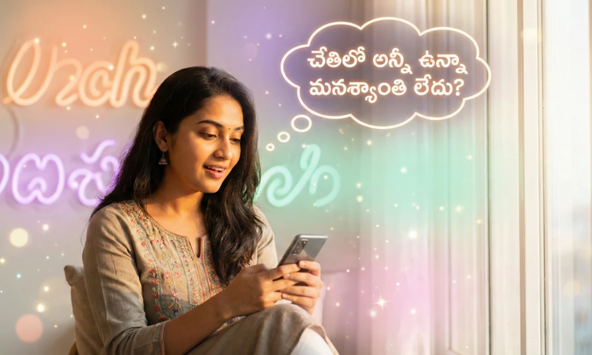 ఫోన్ చూస్తూ ఆలోచనలో మునిగిపోయిన యువతి, “చేతిలో అన్నీ ఉన్నా మనశ్శాంతి ఎక్కడ?” అనే సందేశంతో.