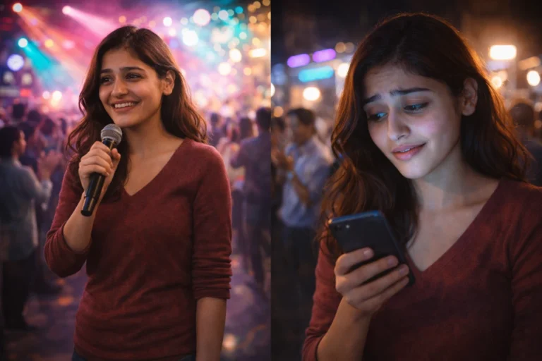 ఒక వైపు స్టేజ్‌పై మైక్‌తో నవ్వుతూ మాట్లాడుతున్న యువతి, మరో వైపు ఫోన్‌లో లైక్స్ చూసి నిరాశగా ఉన్న అదే యువతి