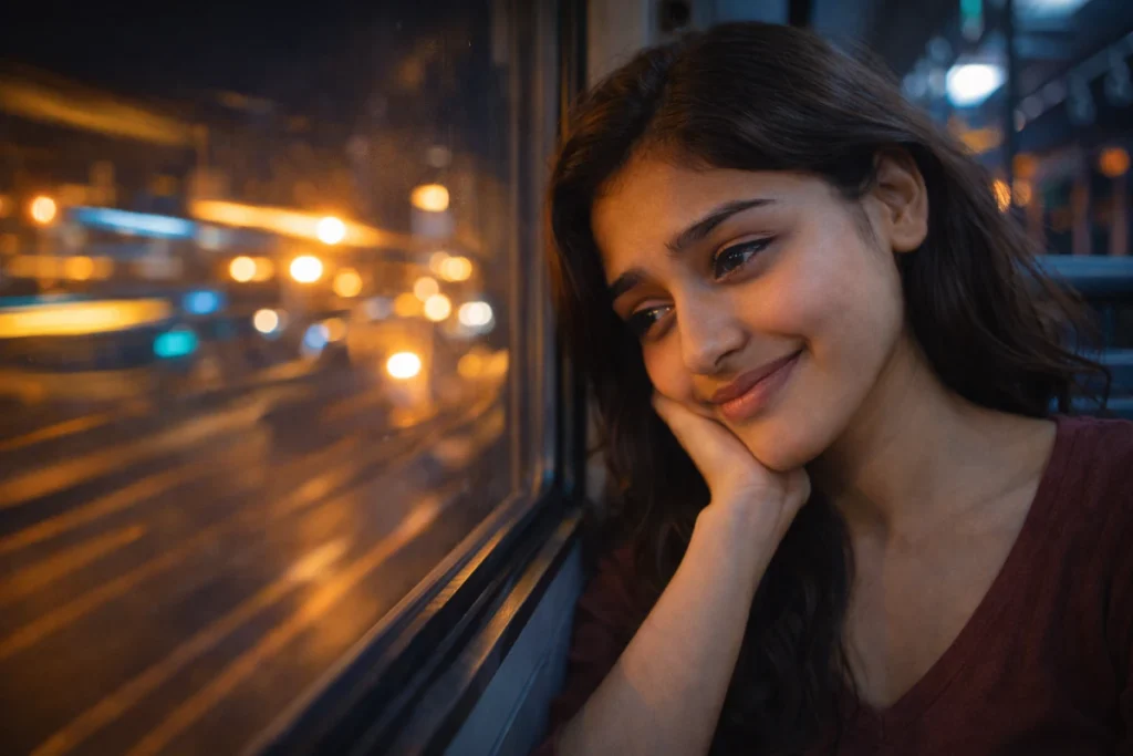 కిటికీ అద్దం దగ్గర తల ఆనించి, రాత్రి నగర వెలుగుల మధ్య గతాన్ని తలుచుకుంటూ మౌనంగా చూస్తున్న మహిళ.