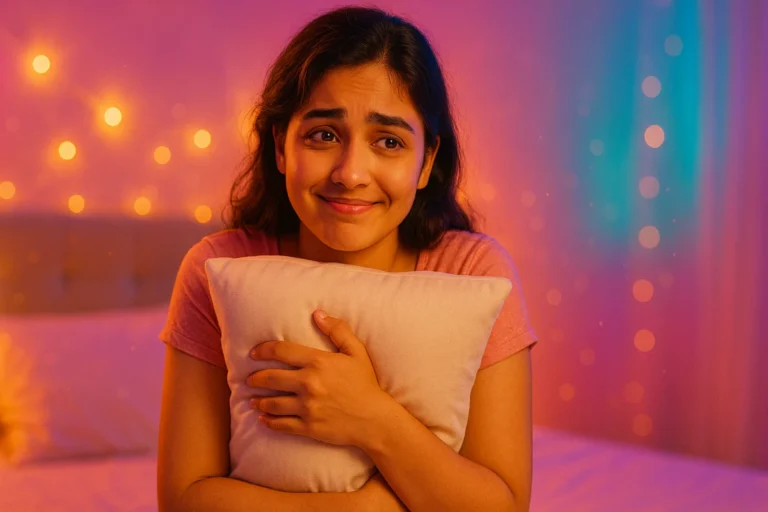 దిండు పట్టుకుని కళ్లలో మృదువైన బాధతరహా భావంతో కూర్చున్న యువతి.