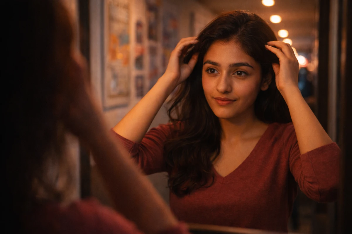 అద్దం ముందు నిలబడి, జుట్టును సరిచేసుకుంటూ, కళ్లలో కొద్దిపాటి వణుకు–కొద్దిపాటి ధైర్యం కలిసిన చూపుతో తనను తాను సిద్ధం చేసుకుంటున్న యువతి.