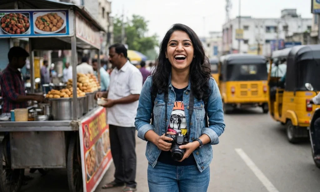 వీధి ఆహార స్టాల్ దగ్గర కెమెరా పట్టుకుని హృదయపూర్వకంగా నవ్వుతున్న యువతి, వెనుక నగర జీవన హడావిడి కనిపిస్తున్న దృశ్యం.