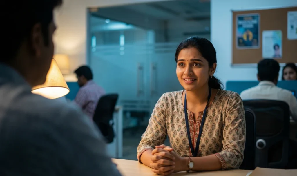 ఆఫీస్ గదిలో టేబుల్ ఎదురుగా కూర్చుని, ముఖంలో సంకోచం కలిసిన చిరునవ్వుతో సంభాషణ కొనసాగిస్తున్న యువతి.