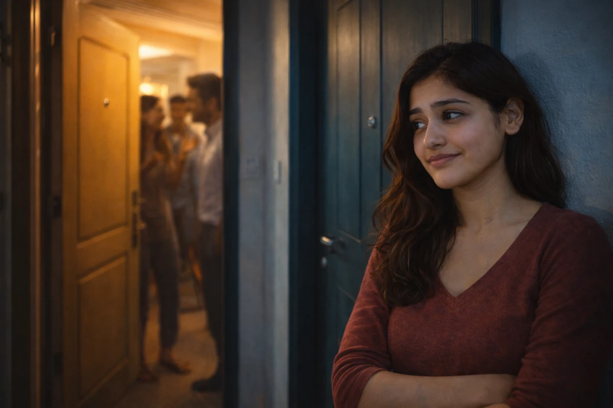 గదికి బయట గోడకి ఆనుకొని నిలబడి, లోపల నవ్వుతూ మాట్లాడుతున్నవారిని చూస్తూ, తానేమో తక్కువనిపించుకున్న భావంతో ఆలోచనల్లో మునిగిపోయిన యువతి.