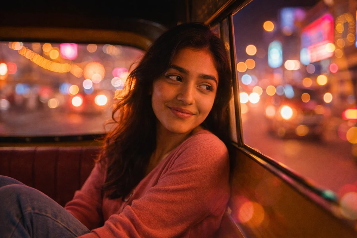 రాత్రి నగర వెలుగుల్లో ఆటో కిటికీ మీద వాలి, మృదువుగా నవ్వుకుంటూ జ్ఞాపకాలలో తేలియాడుతున్న యువతి.