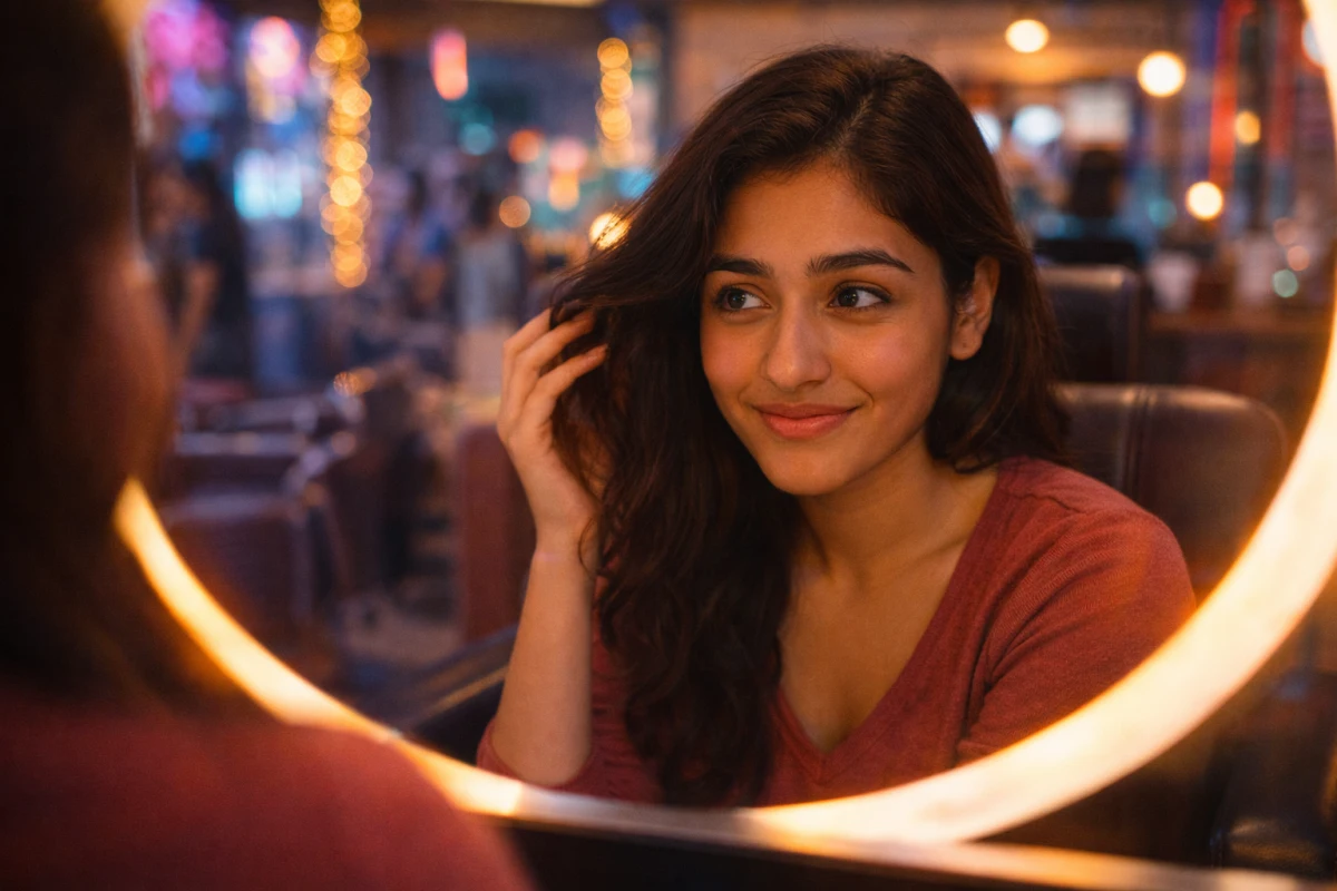 అద్దం ముందు కూర్చుని, ముఖాన్ని తడుముకుంటూ చిరునవ్వు–సందేహం కలిసిన చూపుతో తన ప్రతిబింబాన్ని పరిశీలిస్తున్న యువతి.