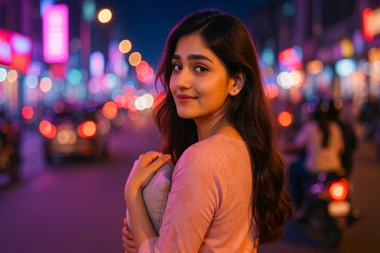 రాత్రి బజార్ నీయాన్ వెలుగుల్లో వెనక్కి తిరిగి, హృదయంలో ఏదో మధురమైన భావాన్ని దాచుకున్నట్టుగా నవ్వుతున్న యువతి.