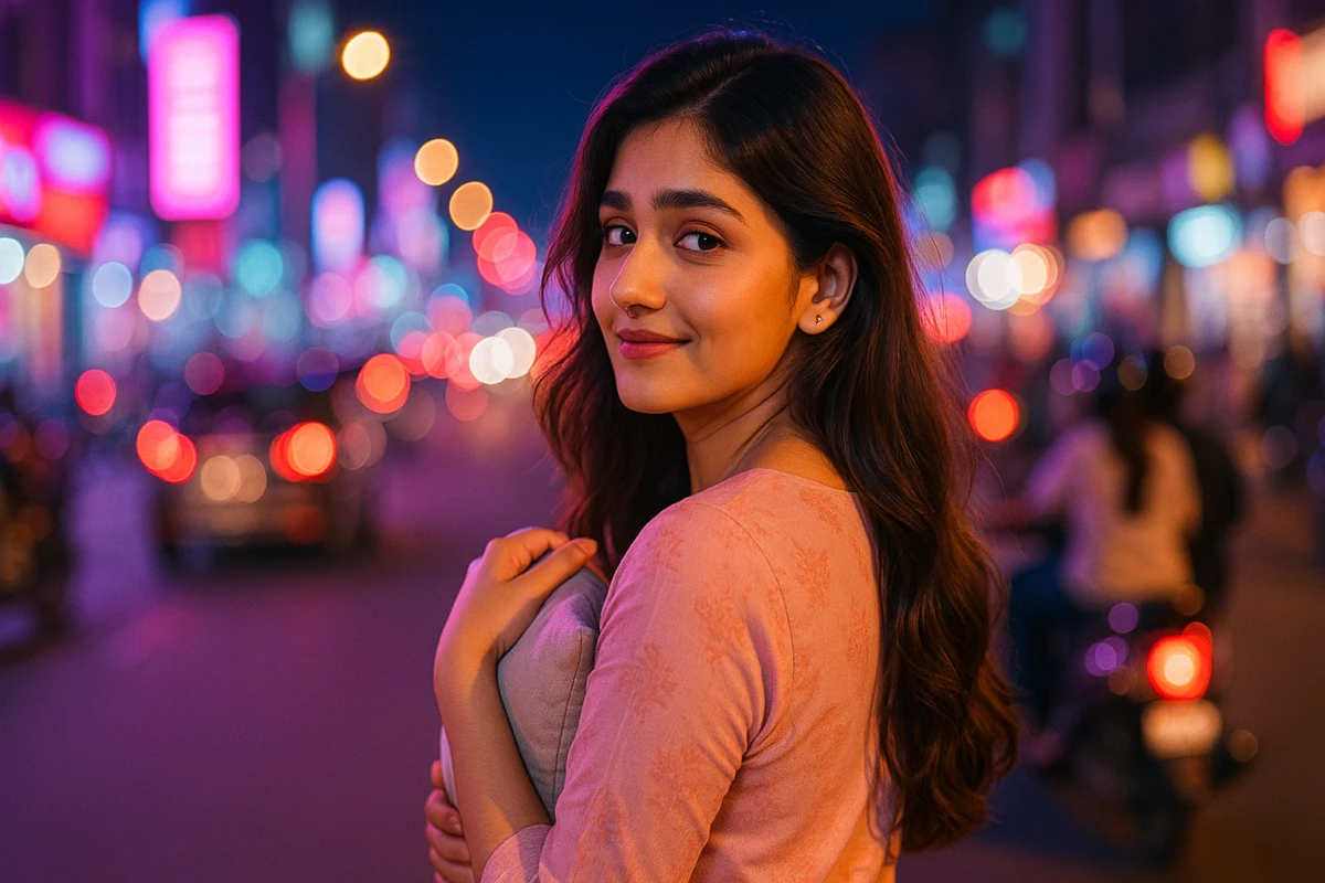 రాత్రి బజార్ నీయాన్ వెలుగుల్లో వెనక్కి తిరిగి, హృదయంలో ఏదో మధురమైన భావాన్ని దాచుకున్నట్టుగా నవ్వుతున్న యువతి.