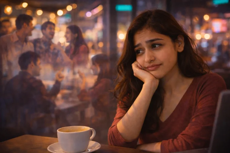 కేఫేలో కాఫీ కప్పు ముందు కూర్చుని ఆలోచనల్లో మునిగిపోయిన యువతి, వెనుక నవ్వుతూ మాట్లాడుతున్న స్నేహితుల దృశ్యం.