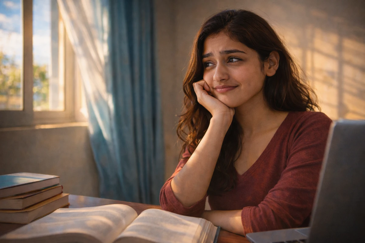 కిటికీ దగ్గర టేబుల్ వద్ద కూర్చుని పుస్తకాలు తెరిచి పెట్టుకున్న మహిళ; చేయాల్సింది తెలుసు కానీ మనసు ముందుకు కదలక ఆలోచనల్లో మునిగిన క్షణం.