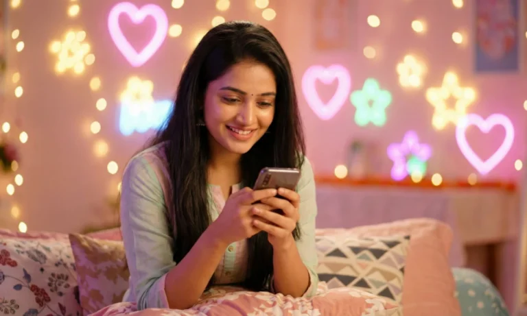 సోఫా మీద సేదతీరుతూ, ఫోన్‌లో వచ్చిన సందేశాన్ని చూసి మృదువుగా నవ్వుతున్న యువతి, చుట్టూ రంగురంగుల లైట్ల వెలుగు.