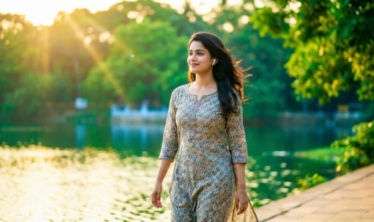 సాయంకాల సూర్యకాంతిలో సరస్సు ఒడ్డున నెమ్మదిగా అడుగులు వేస్తూ, ప్రశాంతంగా ముందుకు చూస్తున్న యువతి.