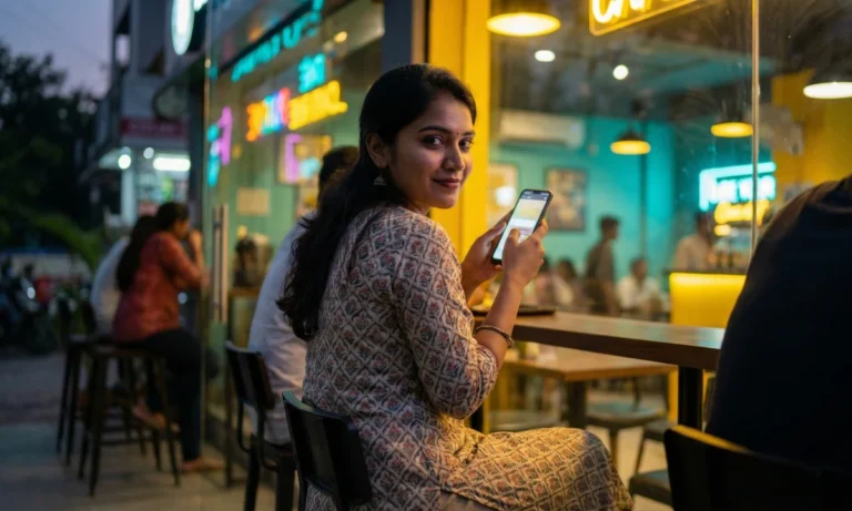 కాఫీ షాప్‌లో కూర్చుని మొబైల్ ఫోన్ చూస్తూ, వెనక్కి తిరిగి చిరునవ్వుతో చూసే యువతి; వెనుక వెలుగులతో నిండిన నగర వాతావరణం.