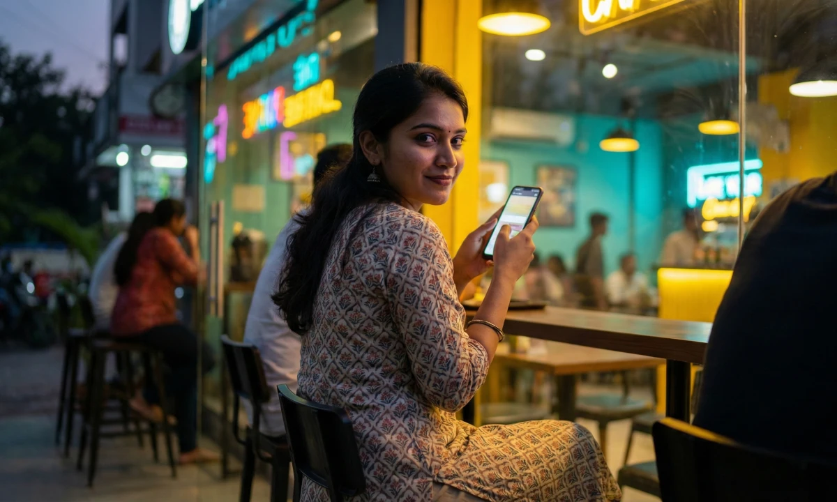 కాఫీ షాప్‌లో కూర్చుని మొబైల్ ఫోన్ చూస్తూ, వెనక్కి తిరిగి చిరునవ్వుతో చూసే యువతి; వెనుక వెలుగులతో నిండిన నగర వాతావరణం.