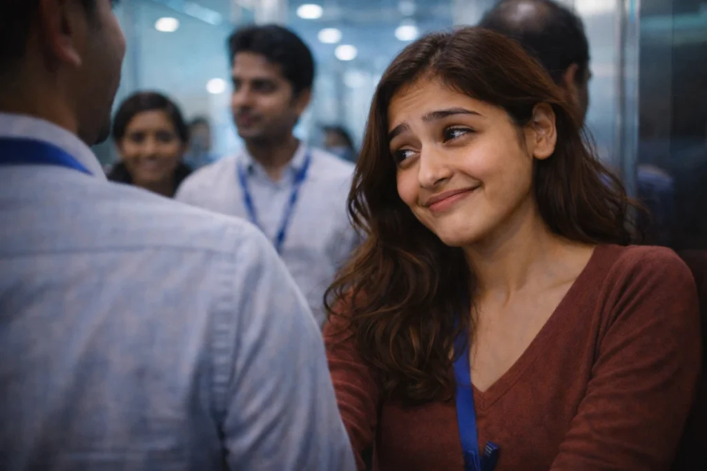 ఆఫీస్ సమావేశంలో సహోద్యోగితో మాట్లాడుతూ, తప్పు చేయకపోయినా మౌనంగా క్షమాపణ చెప్పినట్లుగా భావవ్యక్తం చేస్తున్న యువతి.