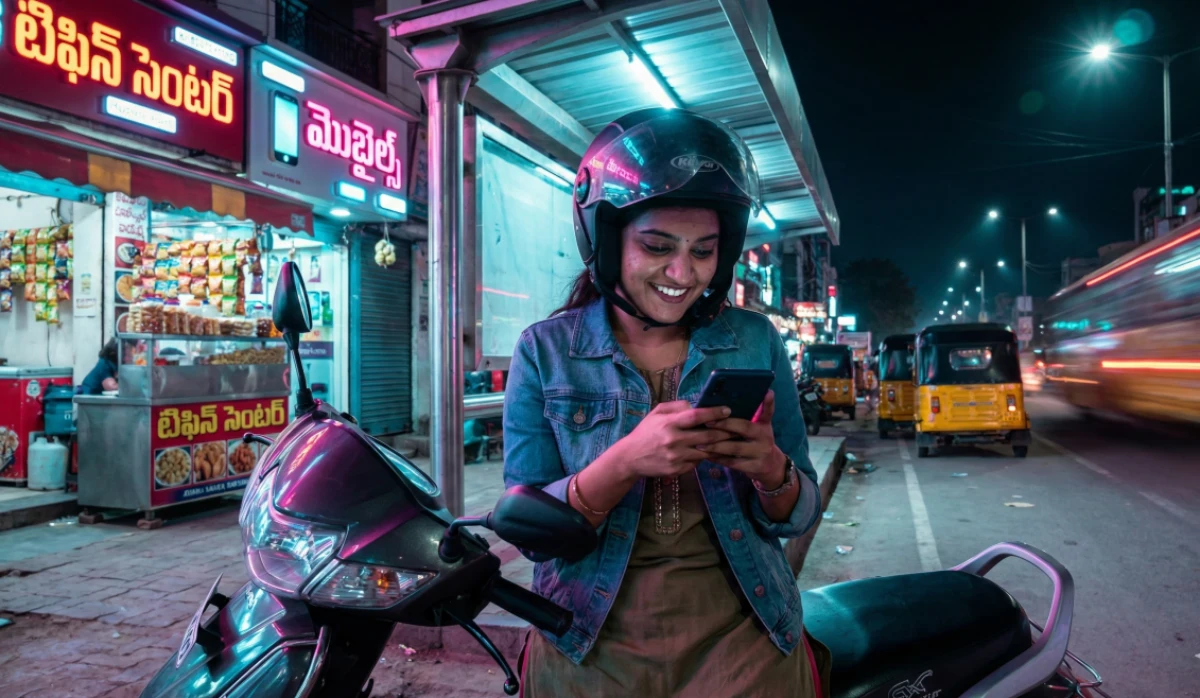 రాత్రి వీధిలో స్కూటర్‌పై ఆగి, హెల్మెట్‌తోనే ఫోన్ చూస్తూ చిలిపిగా నవ్వుతున్న యువతి.