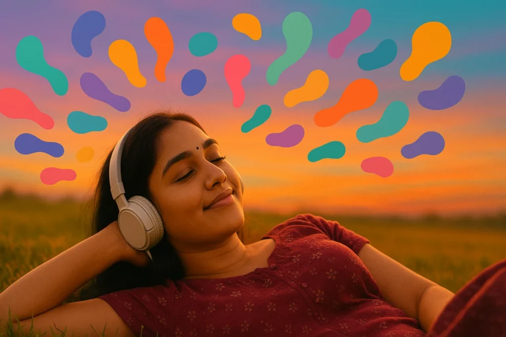 సూర్యాస్తమయం సమయంలో గడ్డి మీద పడుకుని హెడ్‌ఫోన్స్‌తో కళ్ళుమూసి ప్రశాంతంగా ఉన్న యువతి