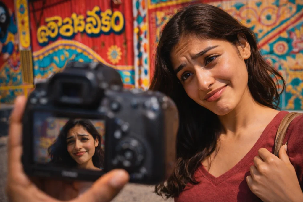 రంగురంగుల నేపథ్యం ముందు కెమెరా వైపు చూసి, తన ప్రతిబింబంపై సందేహంగా ముఖభావం మార్చుకుంటున్న యువతి.