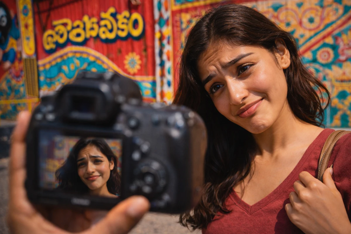 రంగురంగుల నేపథ్యం ముందు కెమెరా వైపు చూసి, తన ప్రతిబింబంపై సందేహంగా ముఖభావం మార్చుకుంటున్న యువతి.