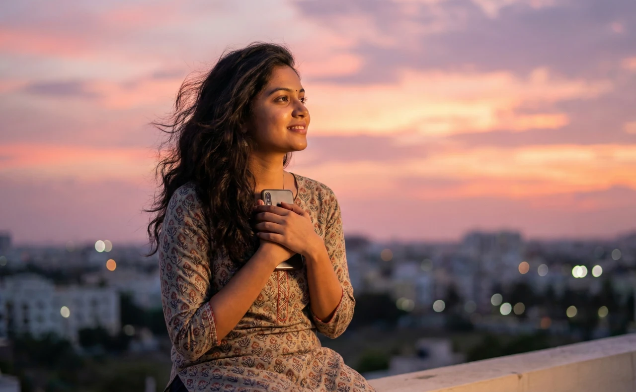 సాయంత్రం ఆకాశం కింద నగరాన్ని చూస్తూ, చేతిలో ఫోన్ పట్టుకుని చిరునవ్వుతో ఆలోచిస్తున్న యువతి