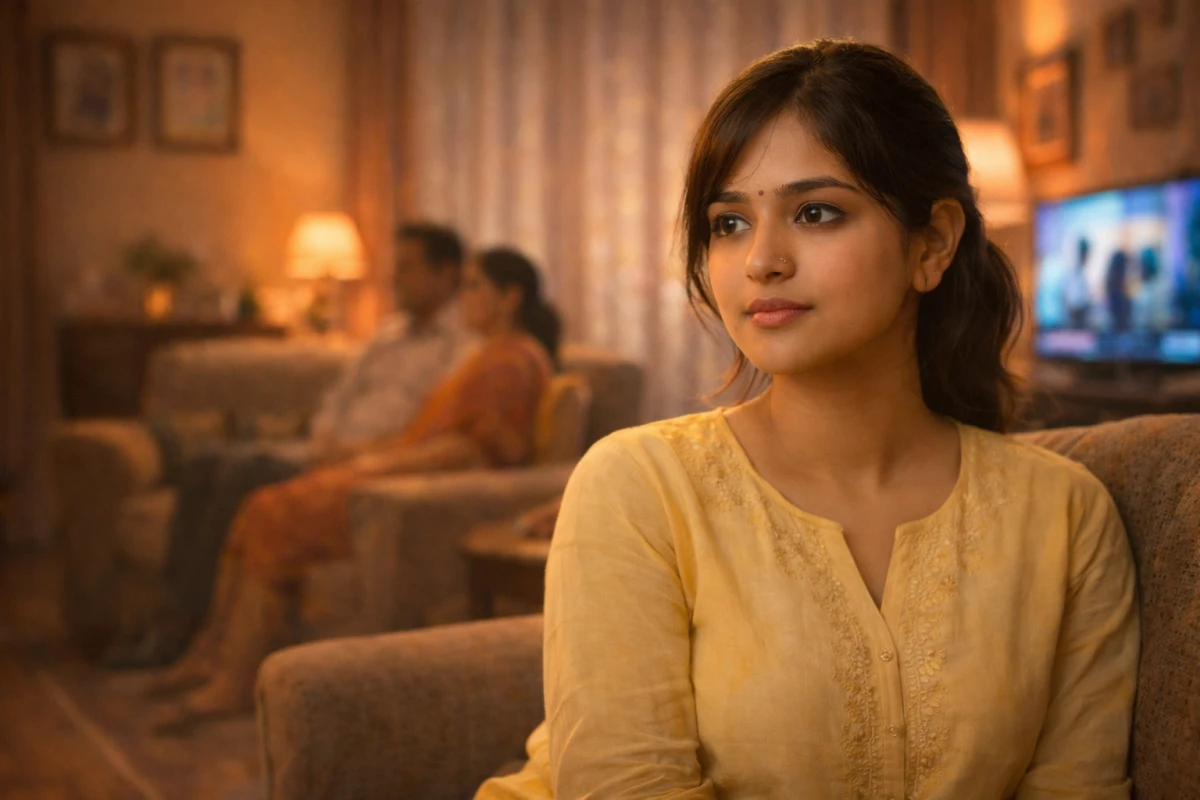 జనంతో నిండిన వేడుక వాతావరణంలో నిలబడి, చుట్టూ ఉన్న చూపుల మధ్య ఆలోచనల్లో మునిగిన యువతి